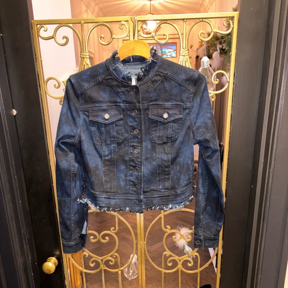 Tie dye Elie tahari lace xsmall jean Jacket with Frayed Hem sheer